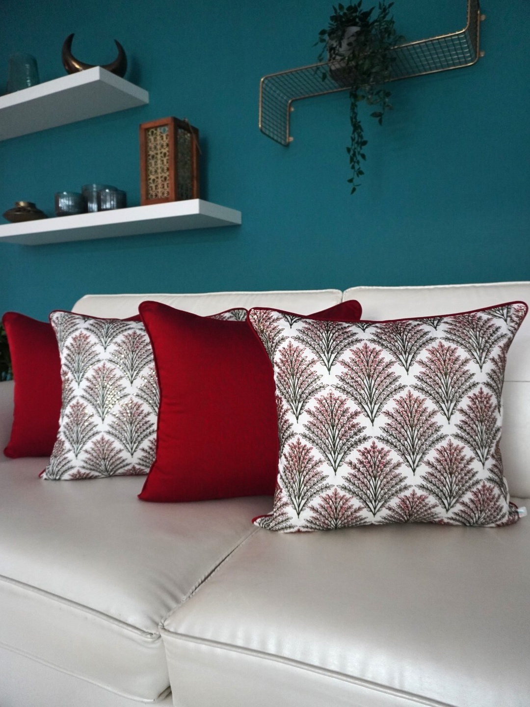 

TARA- Sparkling Homes White & Maroon 4 Pieces Ethnic Motifs Square Cushion Covers