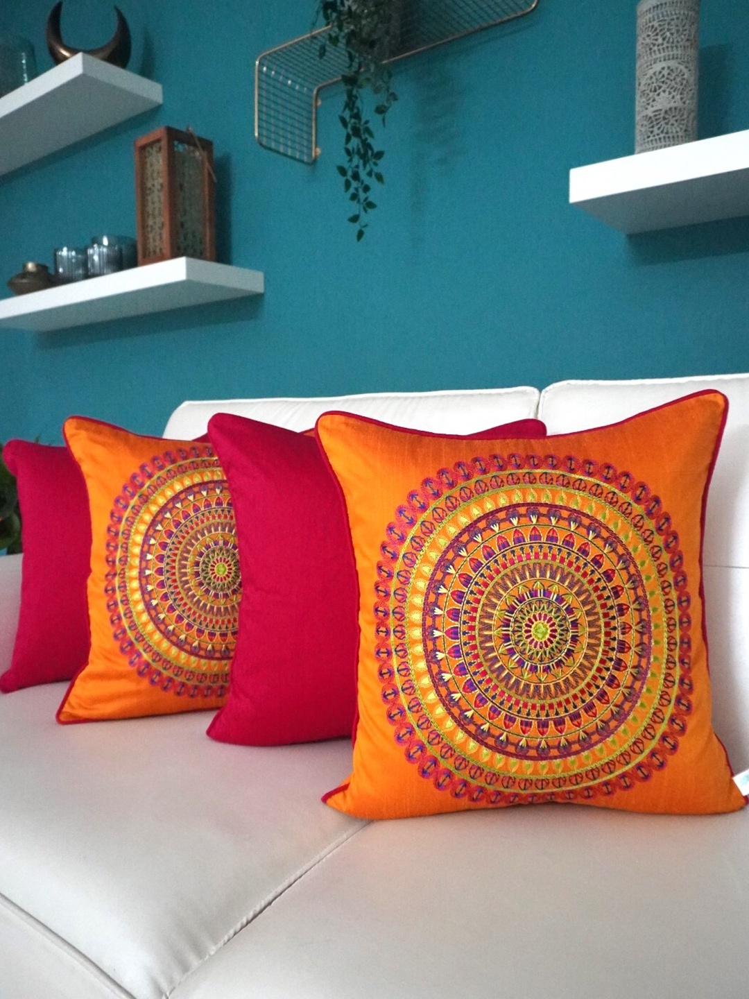 

TARA- Sparkling Homes 4 Pcs Orange & Red Embroidered Cotton Silk Square Cushion Covers