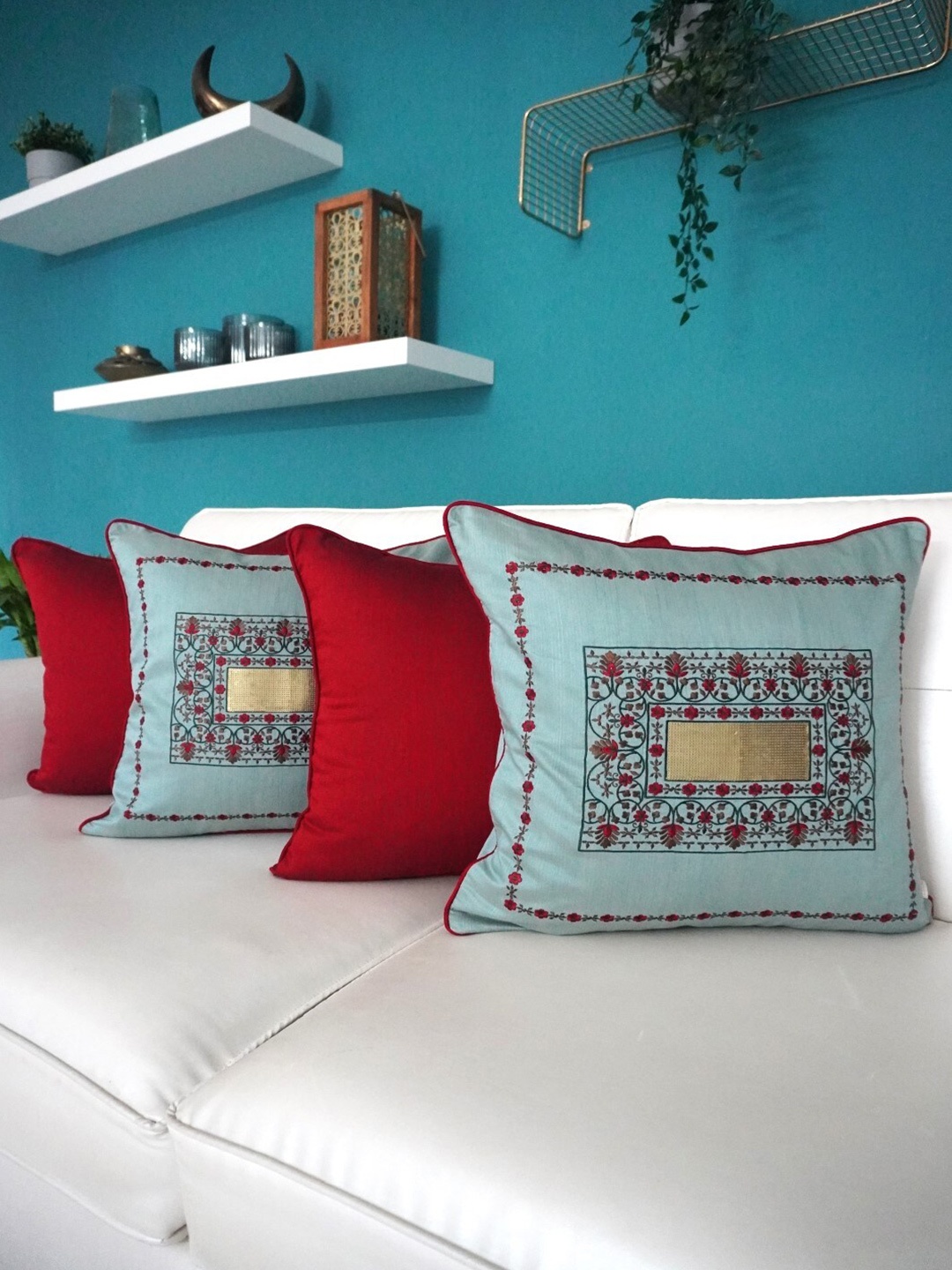 

TARA- Sparkling Homes Grey & Red 4 Pieces Embroidered Cotton Silk Square Cushion Covers