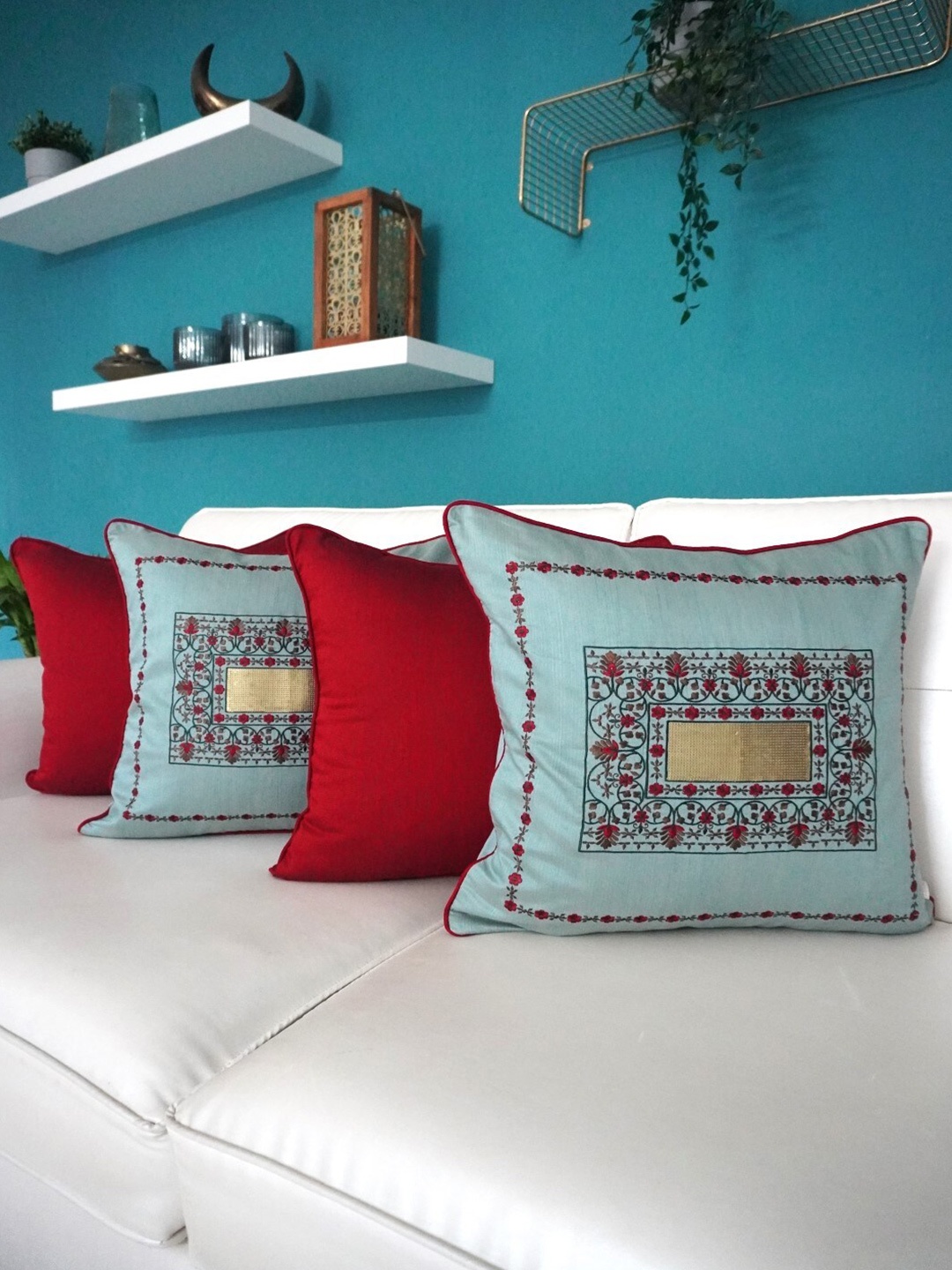 

TARA- Sparkling Homes Grey & Maroon 4 Pieces Embroidered Cotton Silk Square Cushion Covers