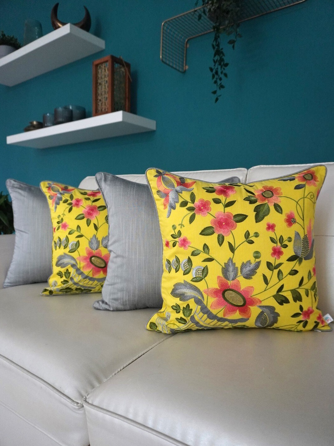 

TARA- Sparkling Homes Yellow & Green 4-Pieces Embroidered Square Cushion Covers