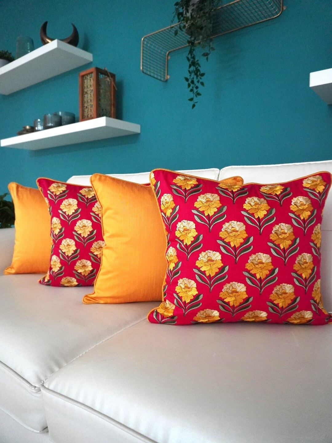 

TARA- Sparkling Homes Pink & Yellow 4 Pieces Embroidered Cotton Silk Square Cushion Covers