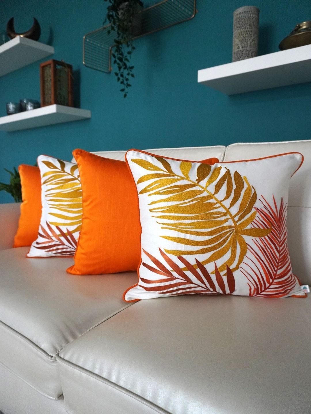 

TARA- Sparkling Homes White & Orange 4 Pieces Embroidered Square Cushion Covers