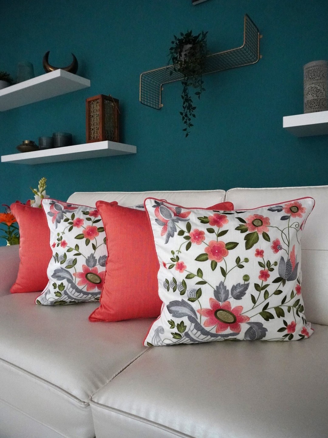 

TARA- Sparkling Homes Pink & White 4 Pieces Embroidered Cotton Silk Square Cushion Covers