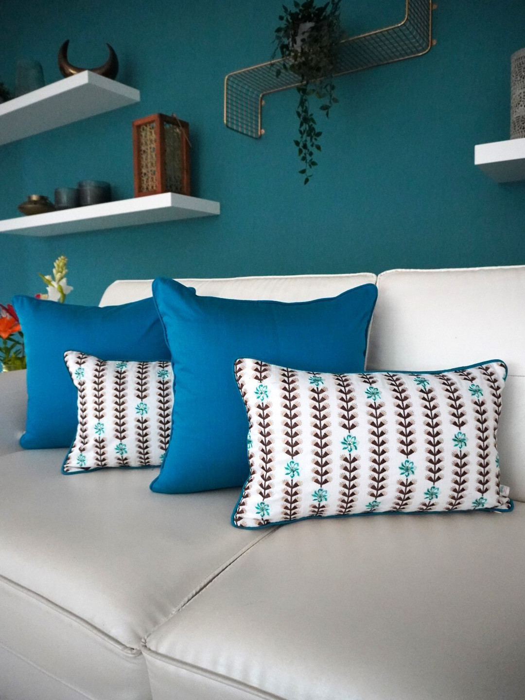

TARA- Sparkling Homes 4 Pcs Blue & White Embroidered Cotton Silk Cushion Covers