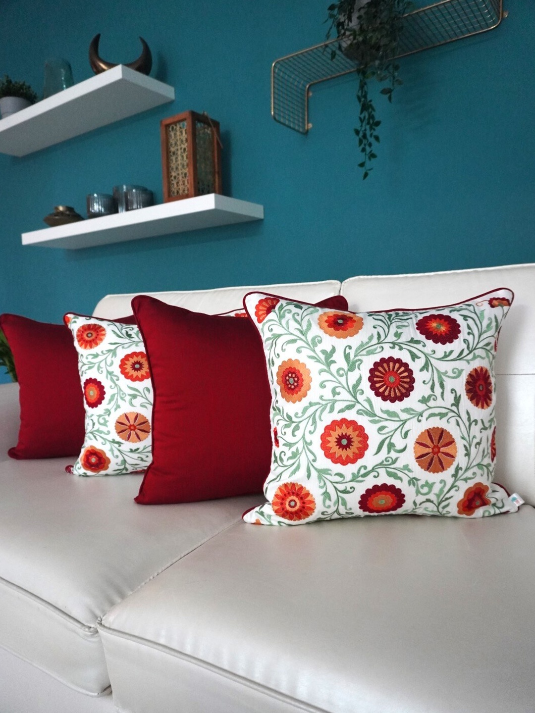 

TARA- Sparkling Homes White & Maroon 4 Pieces Embroidered Square Cushion Covers