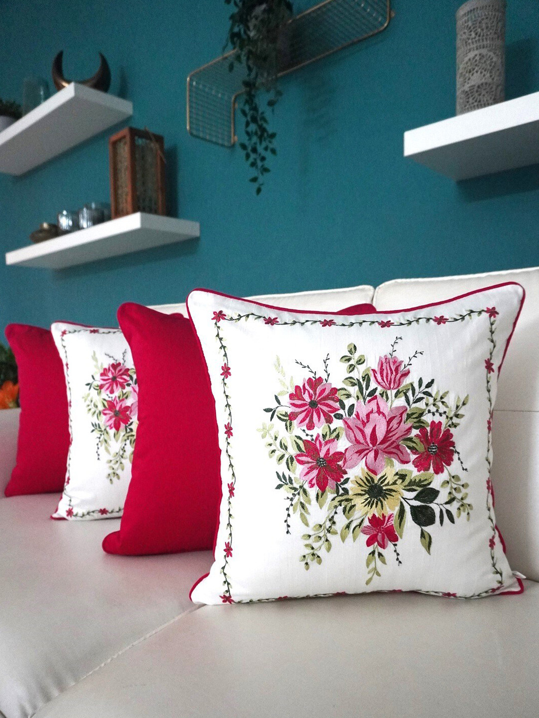 

TARA- Sparkling Homes Pink & Green 2 Pieces Embroidered Cotton Silk Square Cushion Covers