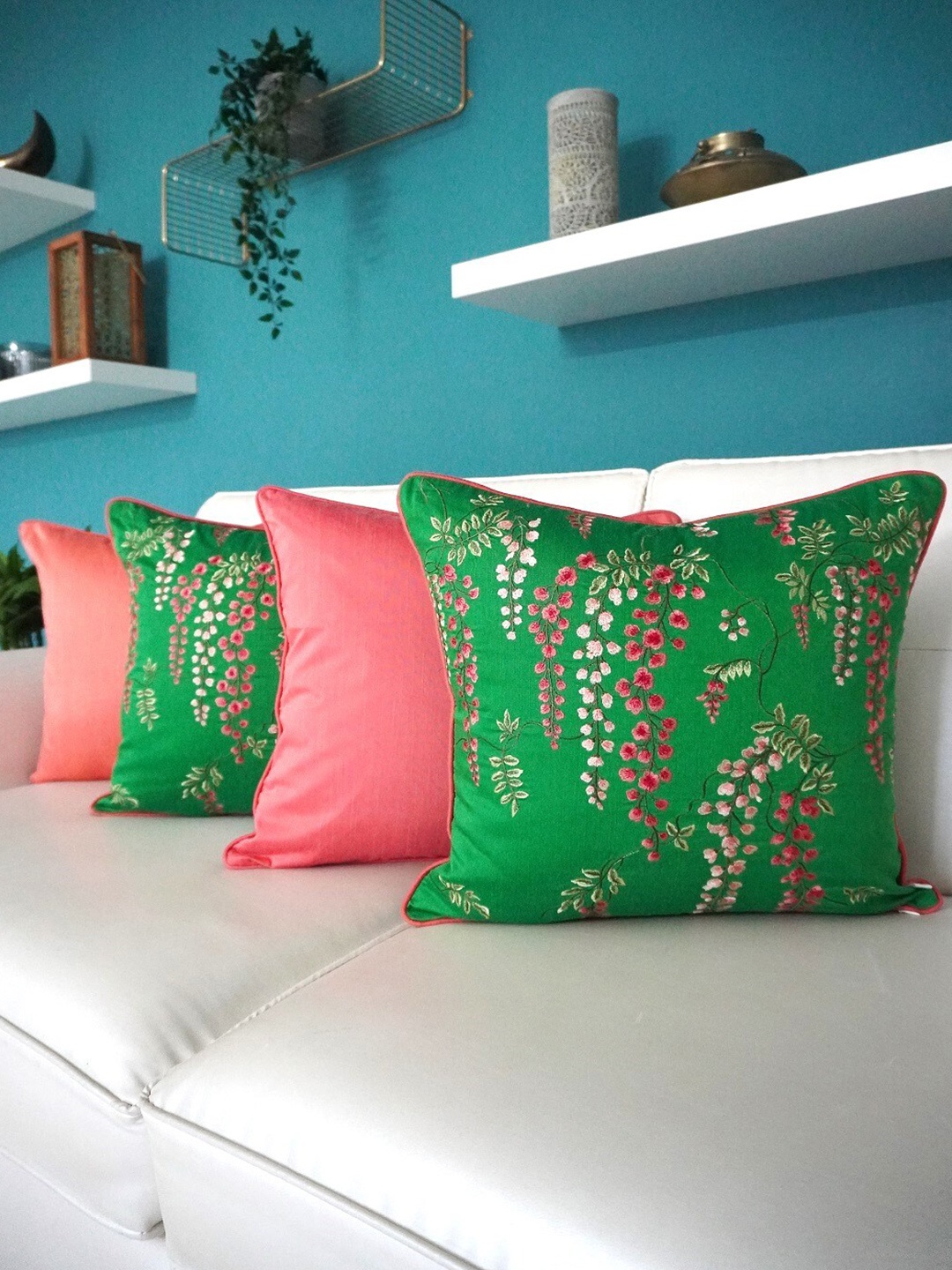 

TARA- Sparkling Homes Green & Pink 4-Pieces Embroidered Cotton Silk Square Cushion Covers