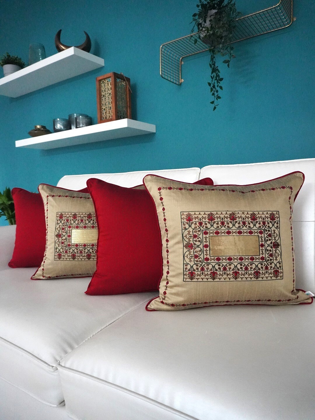 

TARA- Sparkling Homes Gold-Toned 4 Pieces Embroidered Cotton Silk Square Cushion Covers