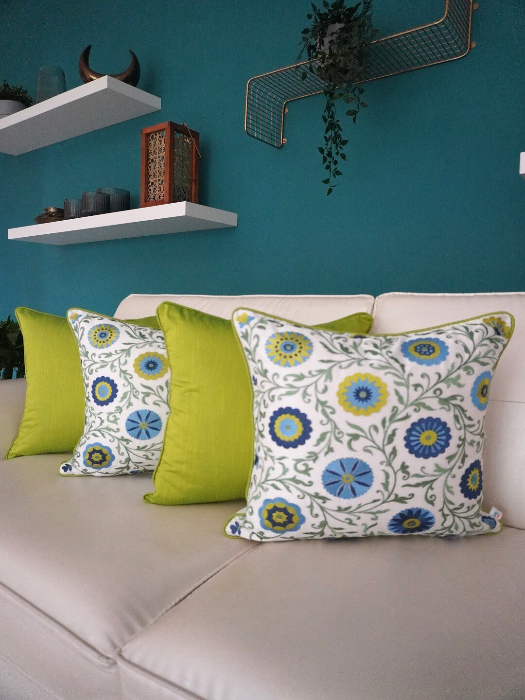 

TARA- Sparkling Homes White & Green 4 Pieces Embroidered Cotton Silk Square Cushion Covers