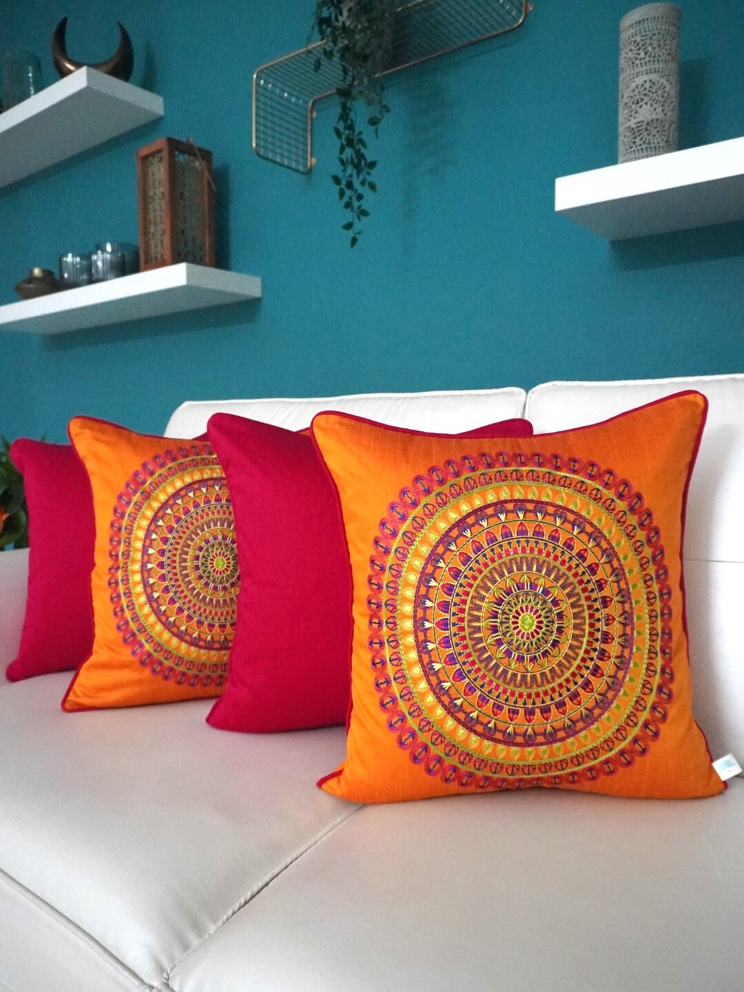 

TARA- Sparkling Homes Orange & Blue 4 Pieces Embroidered Cotton Silk Square Cushion Covers