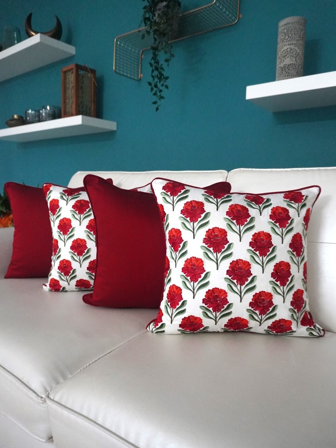 

TARA- Sparkling Homes White & Red 4-Pieces Ethnic Motifs Cotton Silk Square Cushion Covers