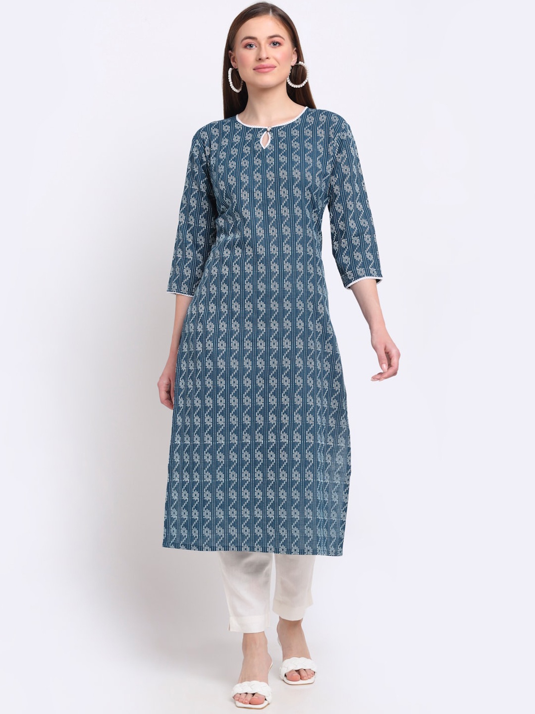 

LARGISH Geometric Printed Keyhole Neck Pure Cotton Straight Kurta, Blue