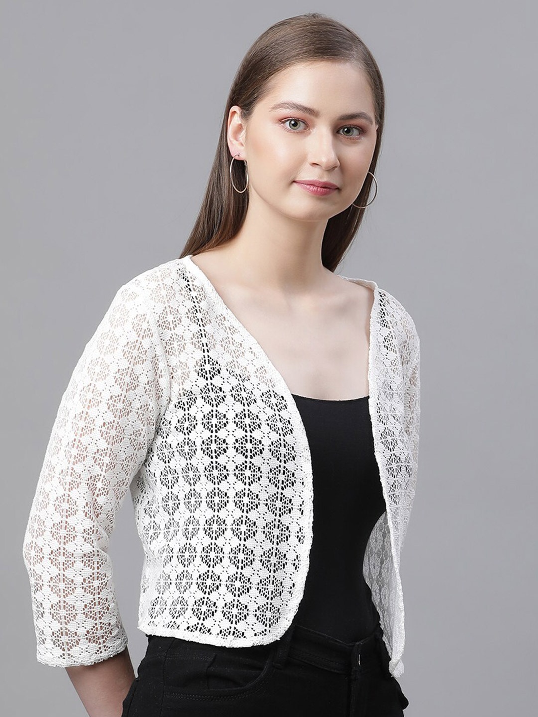 

UnaOne Self Design Open Front Cotton Shrug, Off white