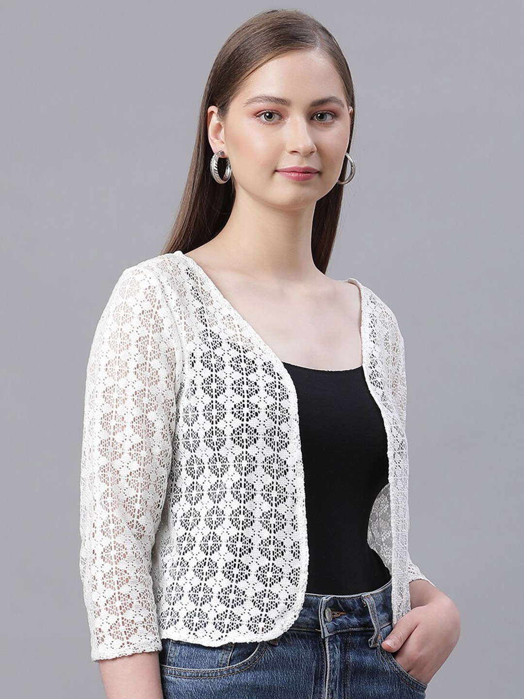 

UnaOne Self Design Open Front Crop Shrug, Off white