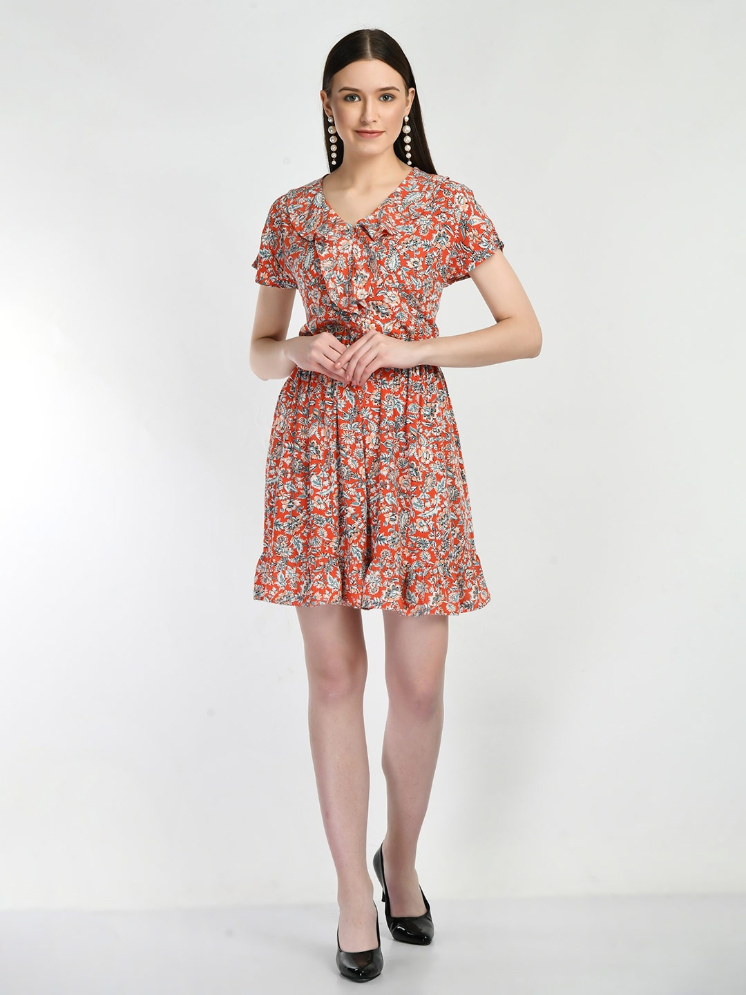 

DressBerry Red Ethnic Motifs Printed V-Neck Ruffled & Gathered Fit & Flare Dress