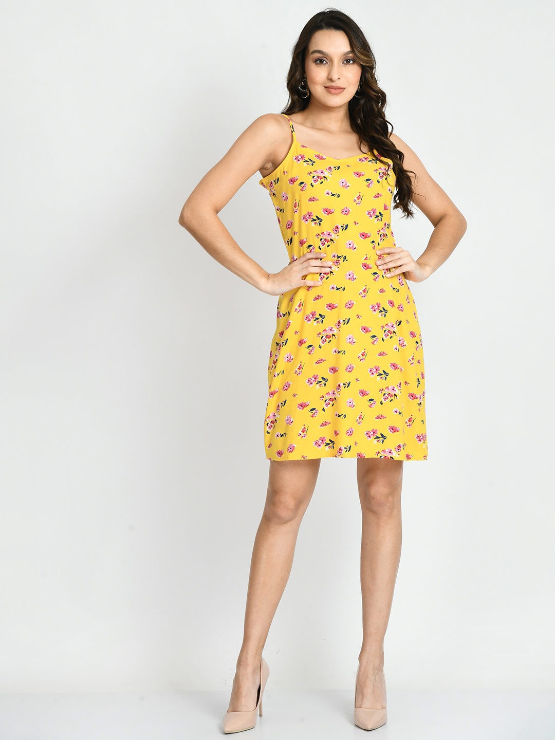 

DressBerry Yellow & Pink Floral Printed Shoulder Straps A-Line Dress
