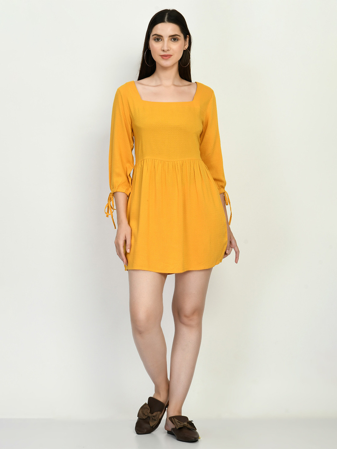 

DressBerry Mustard Square Neck Gathered A-Line Dress