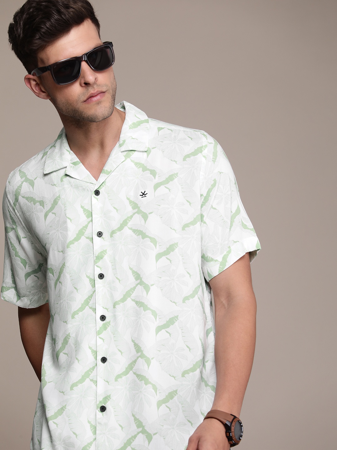 

WROGN Tropical Printed Cuban Collar Casual Shirt, White