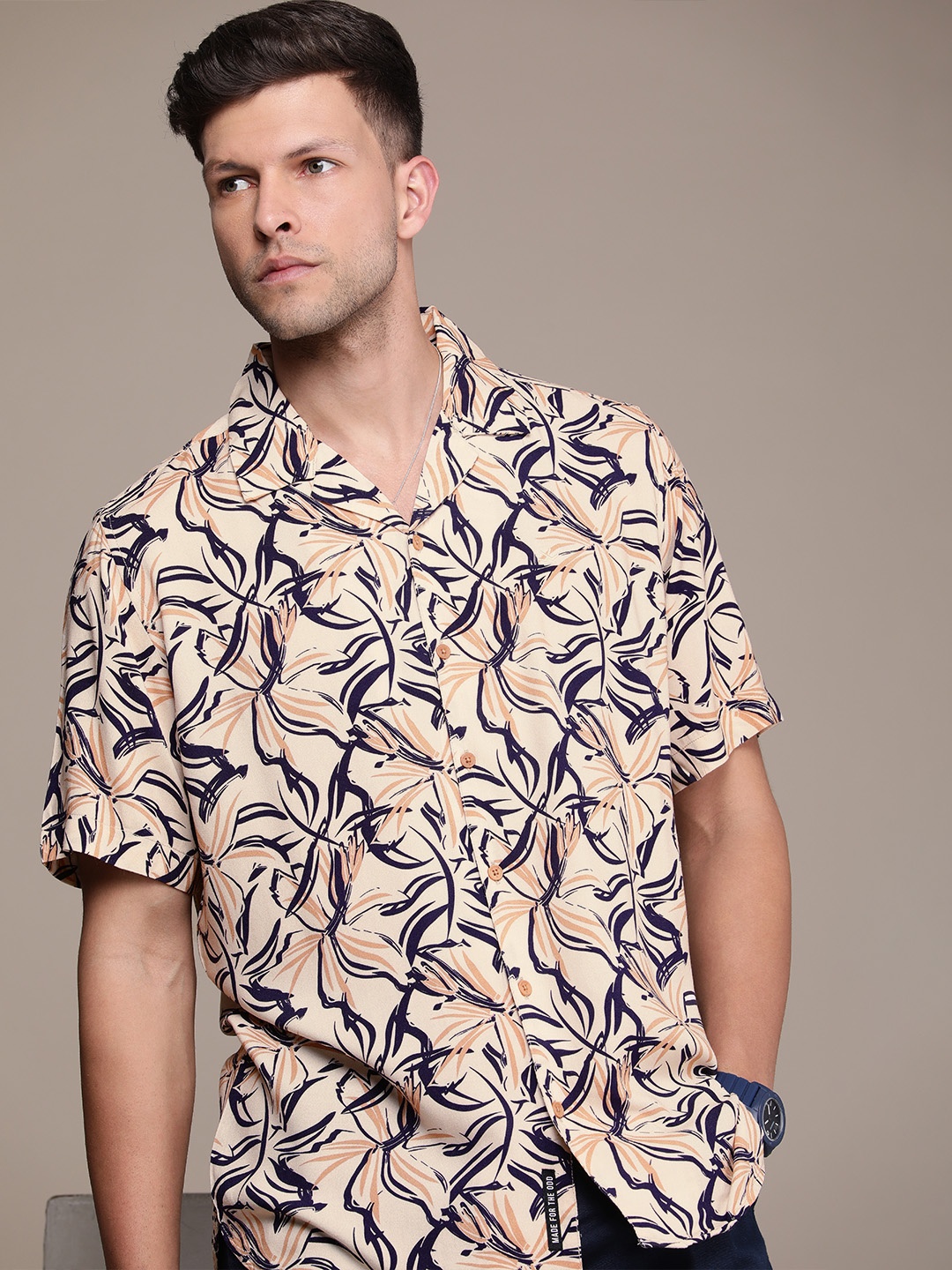 

WROGN Floral Printed Cuban Collar Casual Shirt, Beige