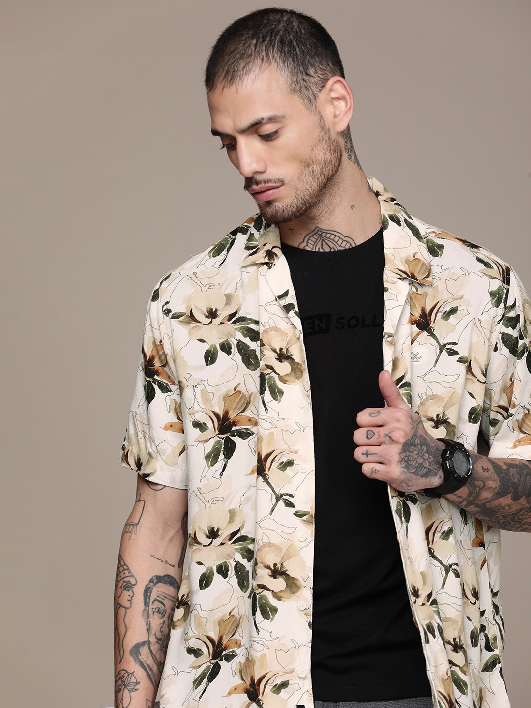 

WROGN Floral Printed Cuban Collar Shirt, White