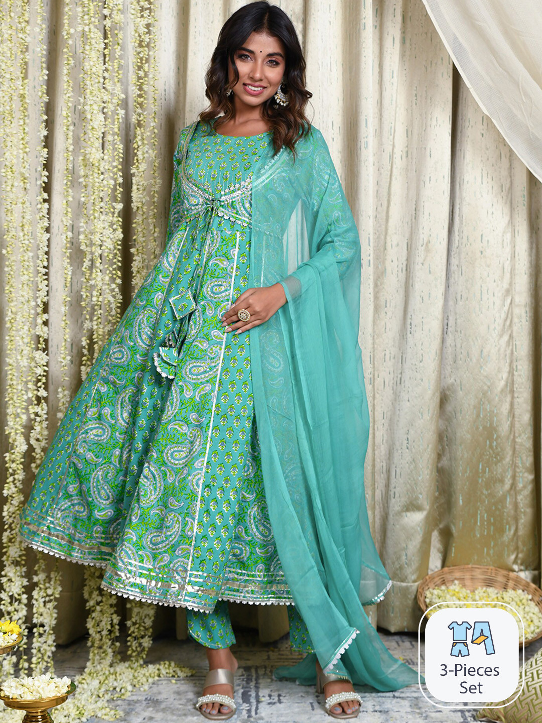 

Mulmul Floral Printed Panelled Gotta Patti Kurta with Trousers & Dupatta, Sea green