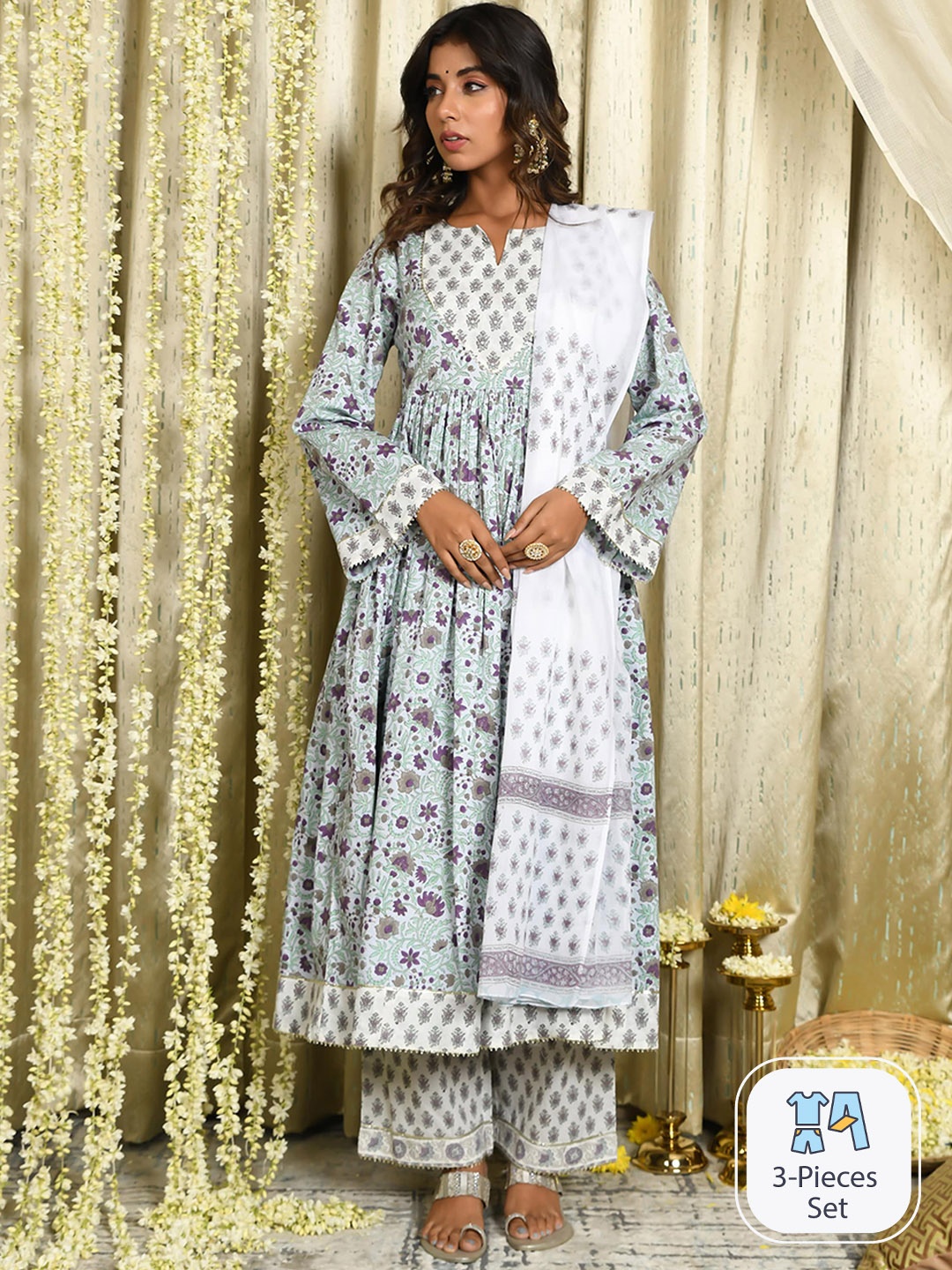 

mulmul.com Floral Printed Regular Gotta Patti Anarkali Satin Kurta With Trousers & Dupatta, Blue
