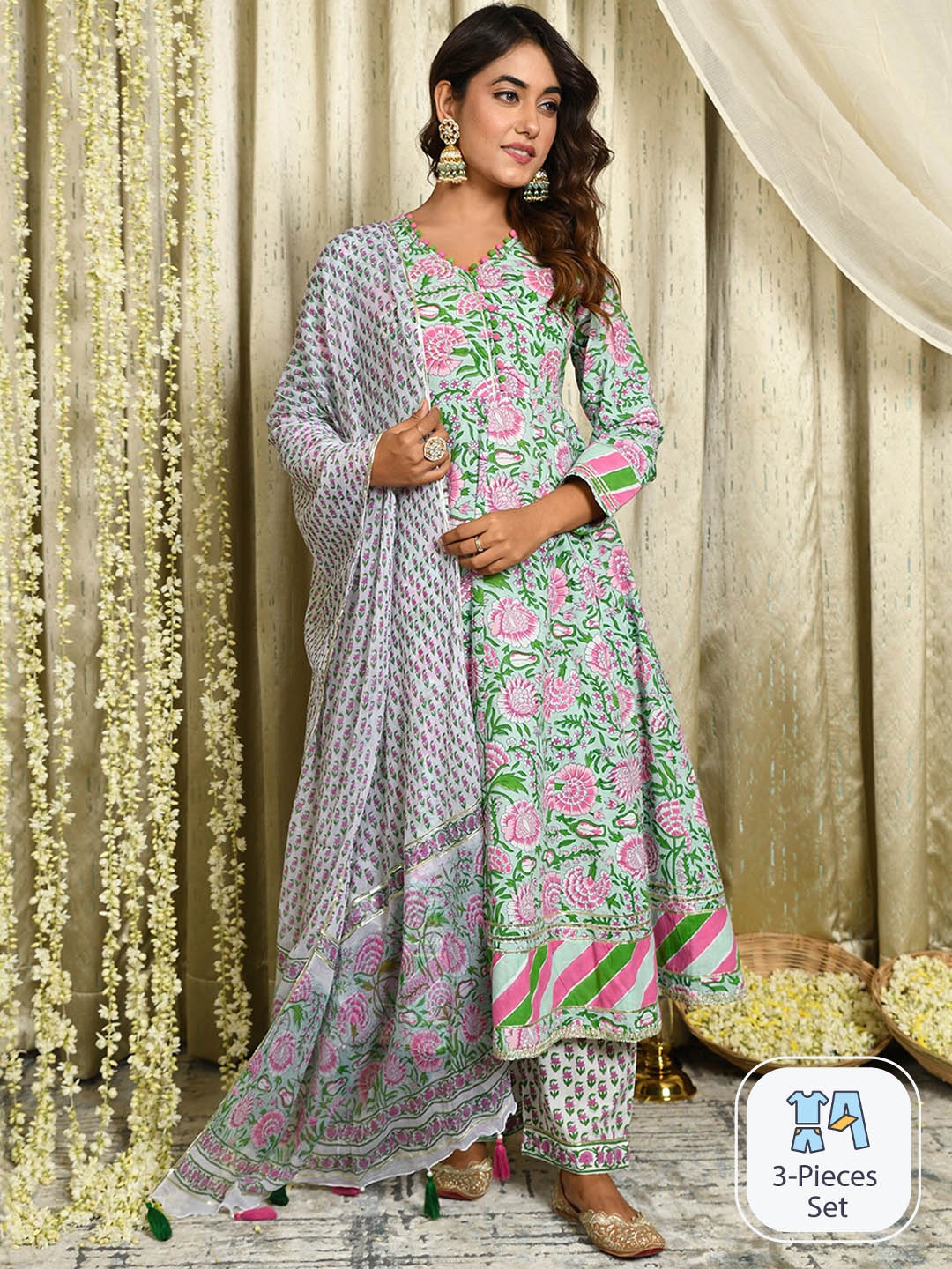 

Mulmul Floral Printed Gotta Patti Pure Cotton Kurta with Trousers & Dupatta, Green
