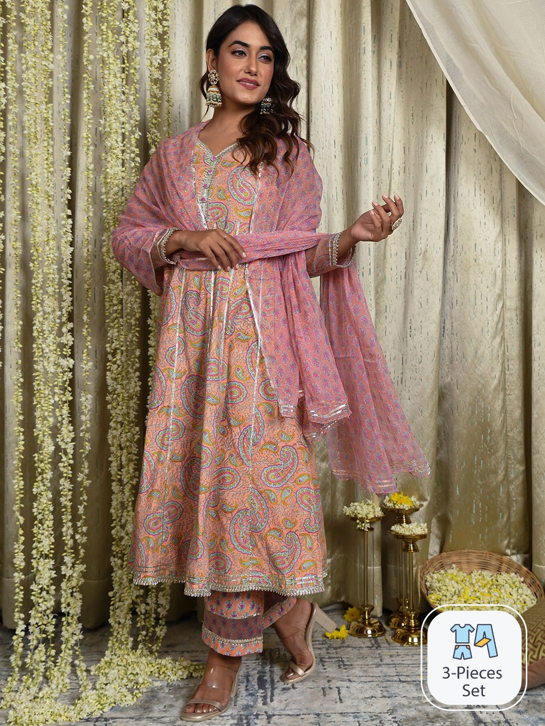 

Mulmul Paisley Printed Empire Gotta Patti Satin Anarkali Kurta With Trousers & Dupatta, Peach