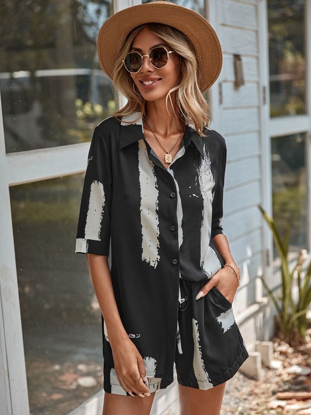 

Ekta Textiles Striped Printed Shirt Collar Short Sleeve Co-Ords, Black