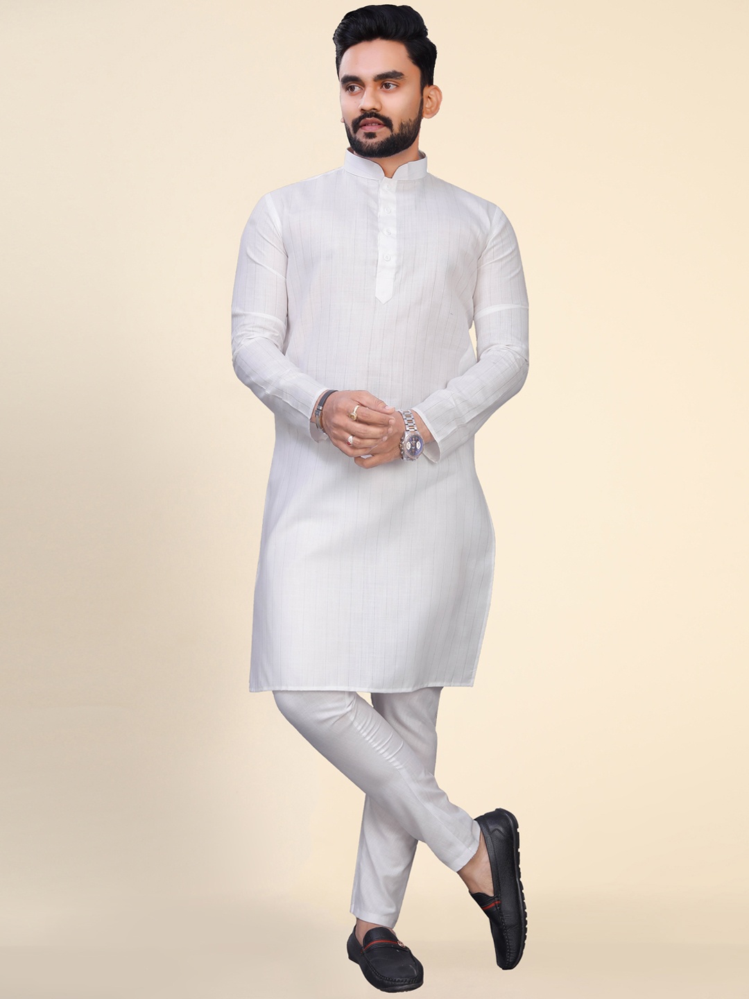 

Ekta Textiles Striped Jacquard Pure Cotton Kurta With Pyjamas, White