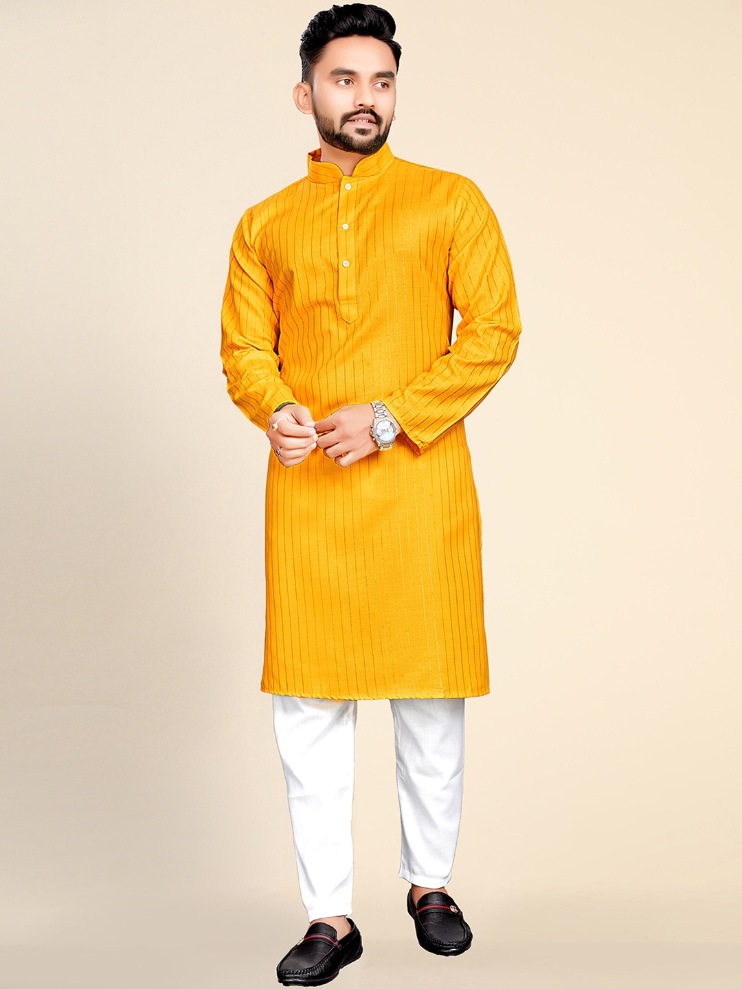 

Ekta Textiles Striped Jacquard Pure Cotton Kurta with Pyjamas, Yellow