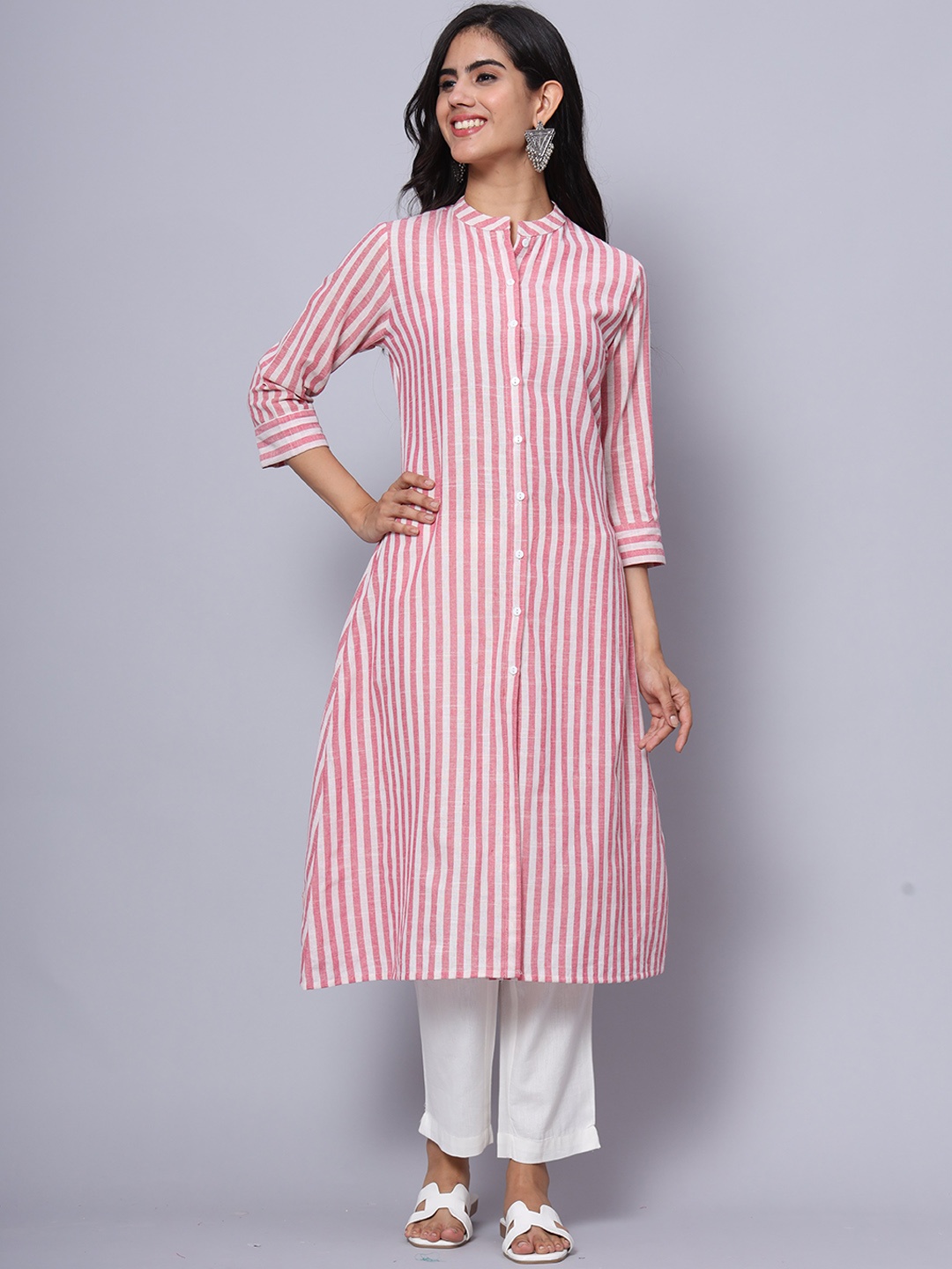 

LARGISH Striped Mandarin Collar Pure Cotton Straight Kurta, Pink