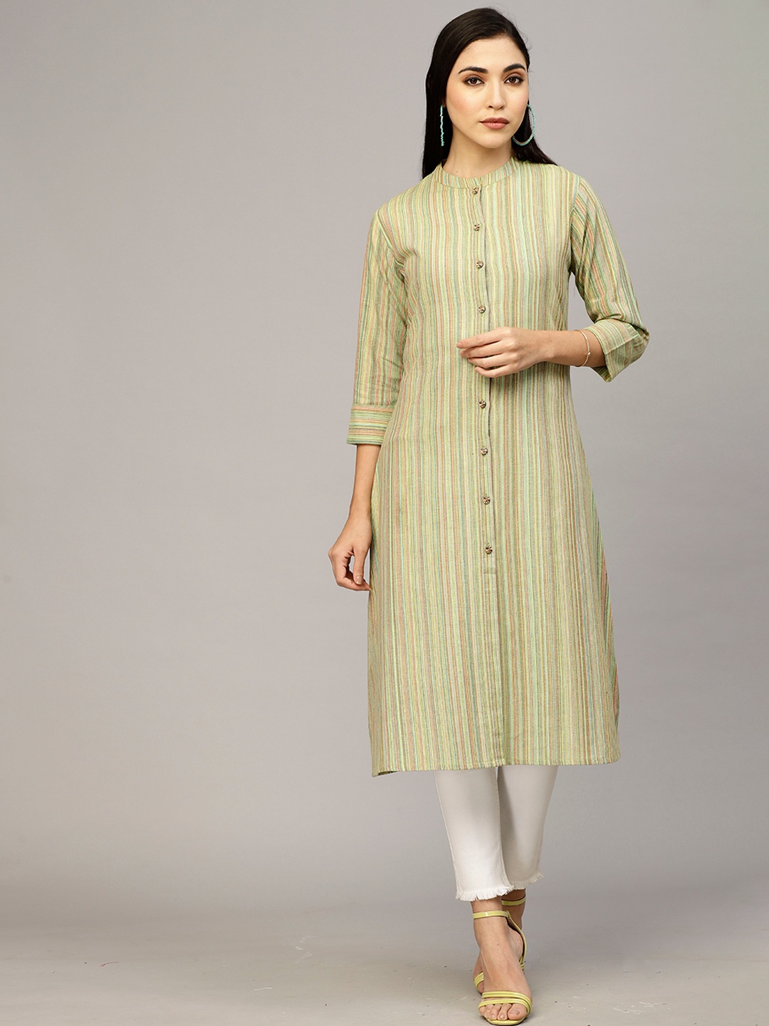 

LARGISH Striped Mandarin Collar Pure Cotton Shirt Kurta, Green