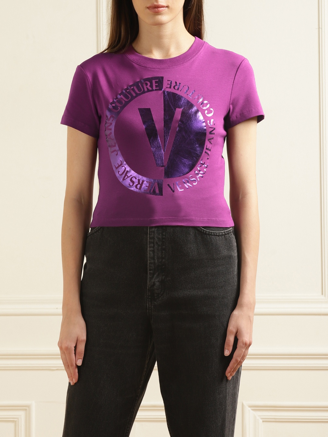 

Versace Jeans Couture Graphic Printed Round Neck Crop T-shirt, Purple