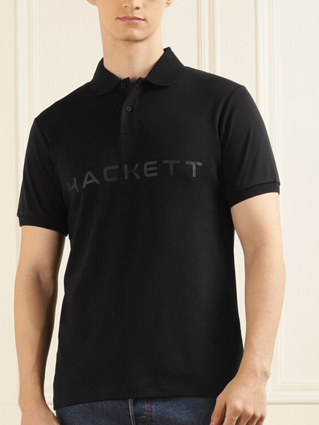 

HACKETT LONDON Typography Printed Polo Collar Pure Cotton T-shirt, Black