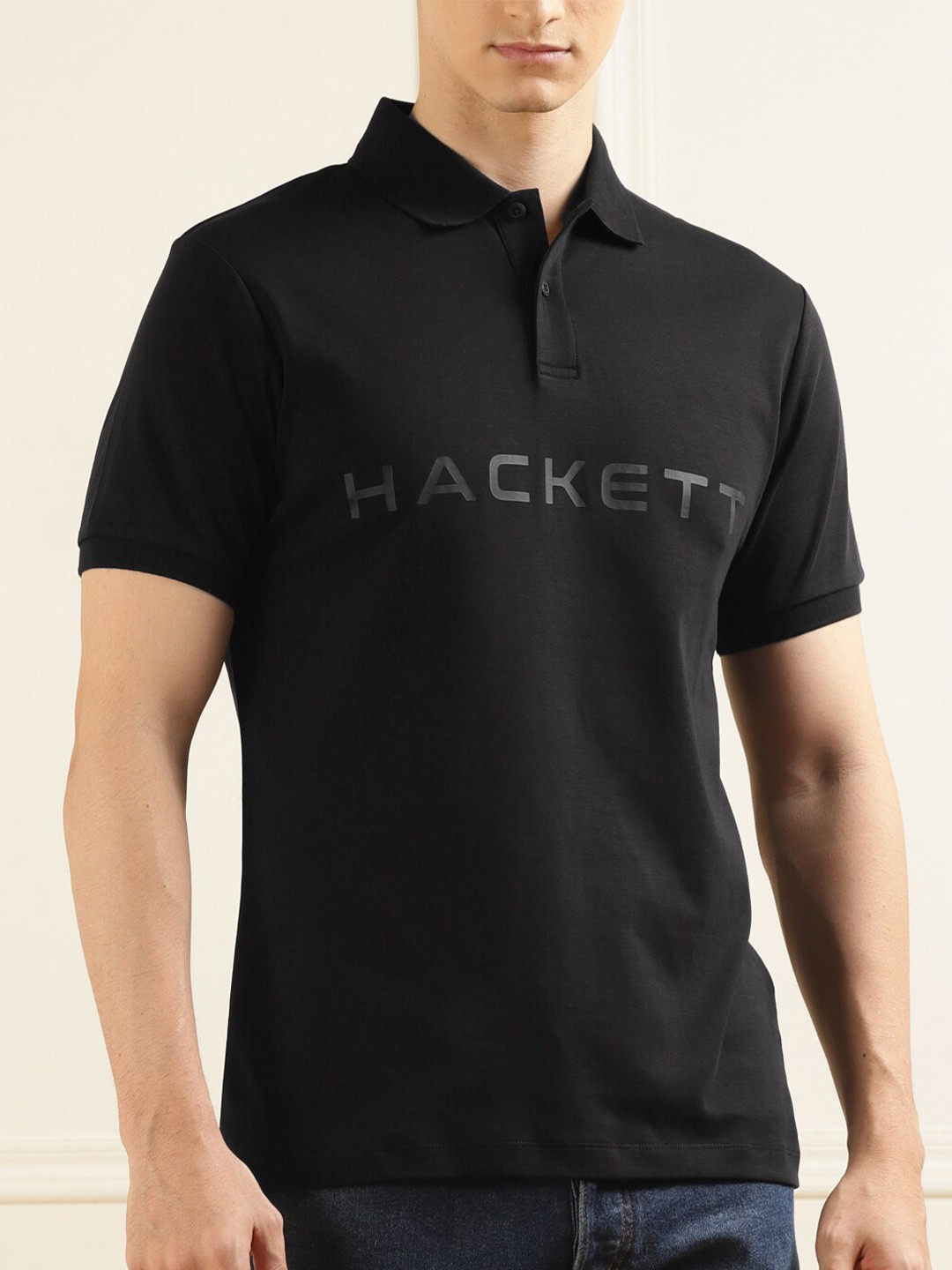 

HACKETT LONDON Typography Printed Polo Collar Pure Cotton T-shirt, Black