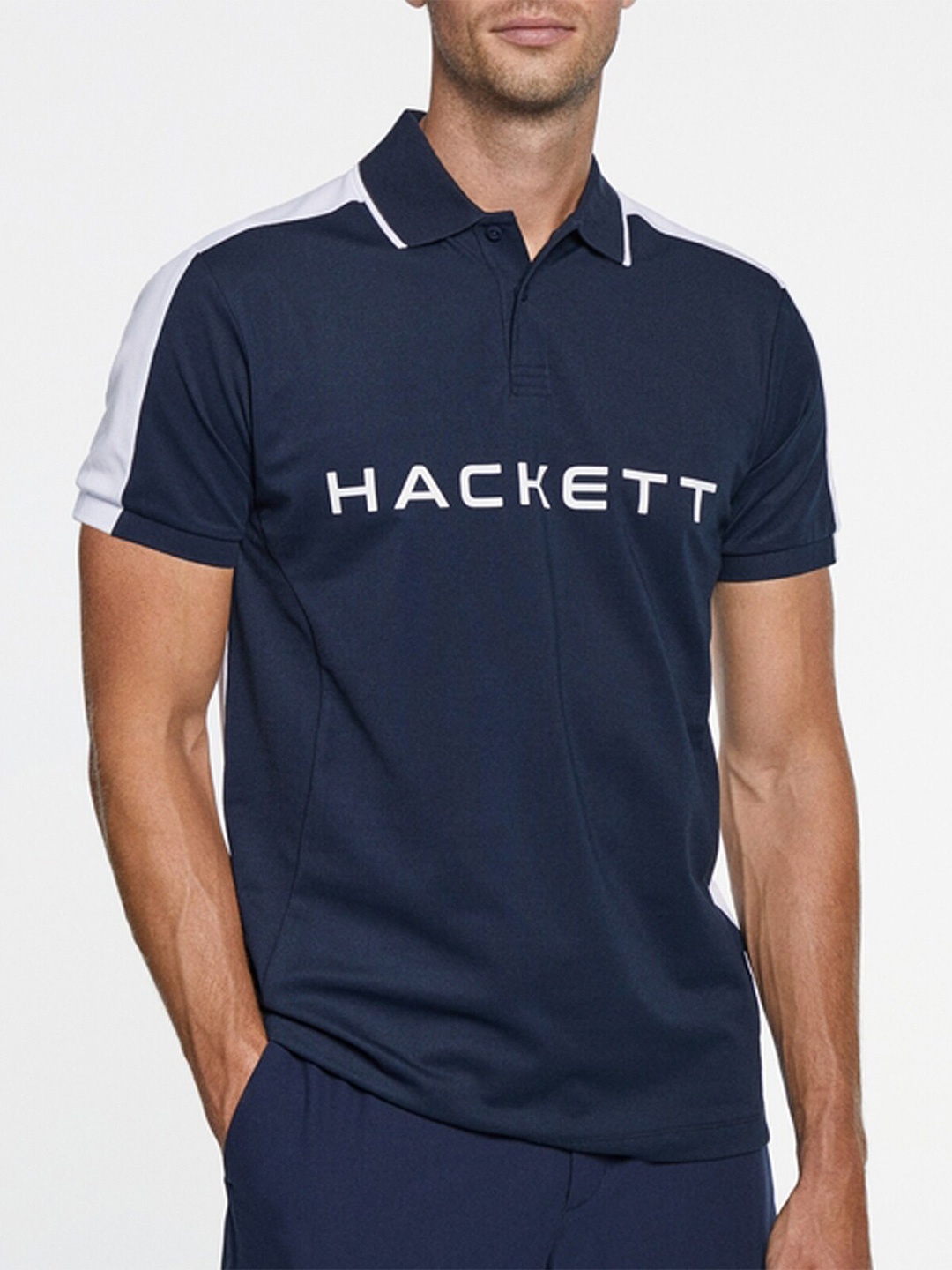 

HACKETT LONDON Typography Printed Polo Collar Pure Cotton T-Shirt, Navy blue