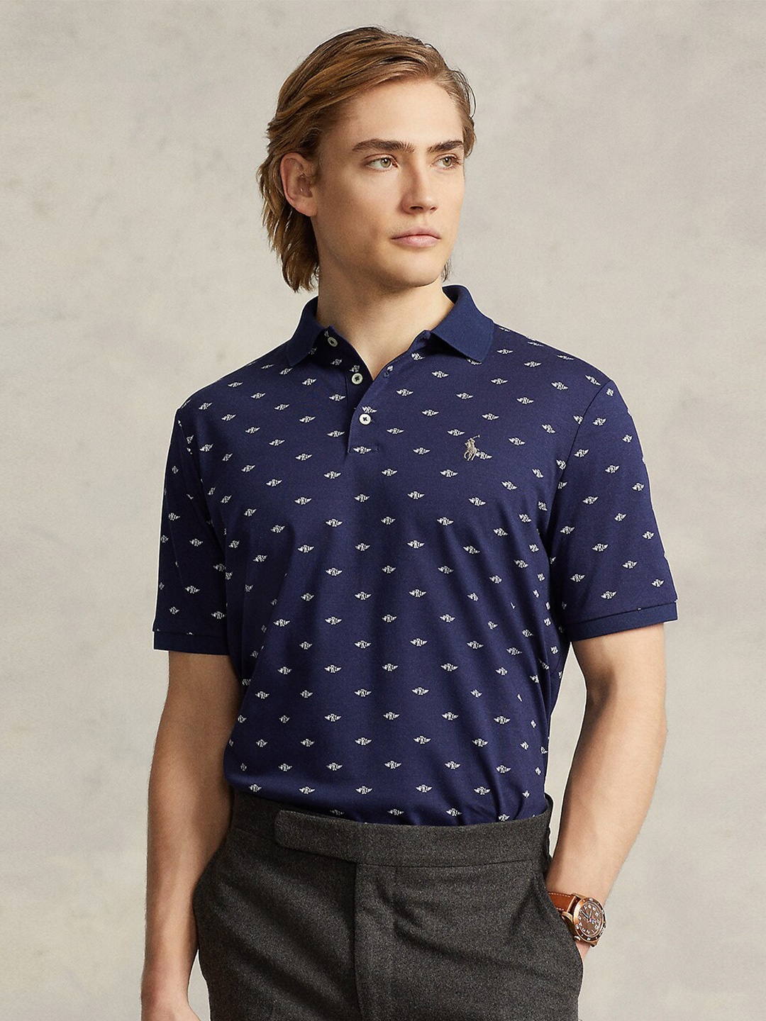 

Polo Ralph Lauren Conversational Printed Polo Collar Pure Cotton Slim Fit T-shirt, Navy blue