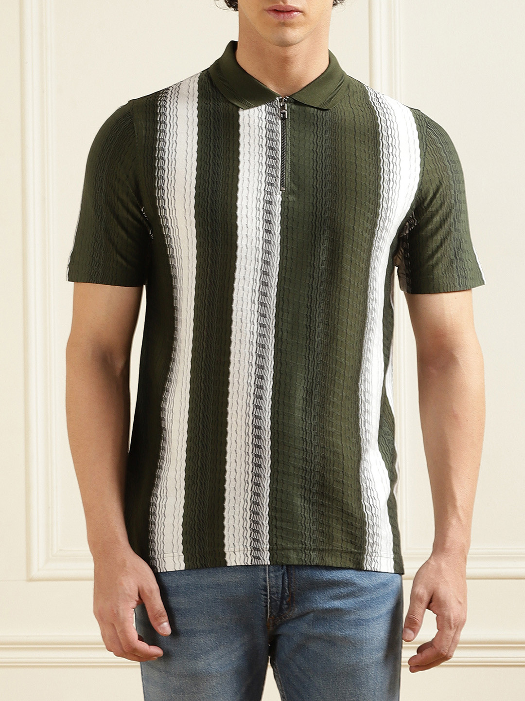 

Ted Baker Striped Polo Collar Cotton T-shirt, Green