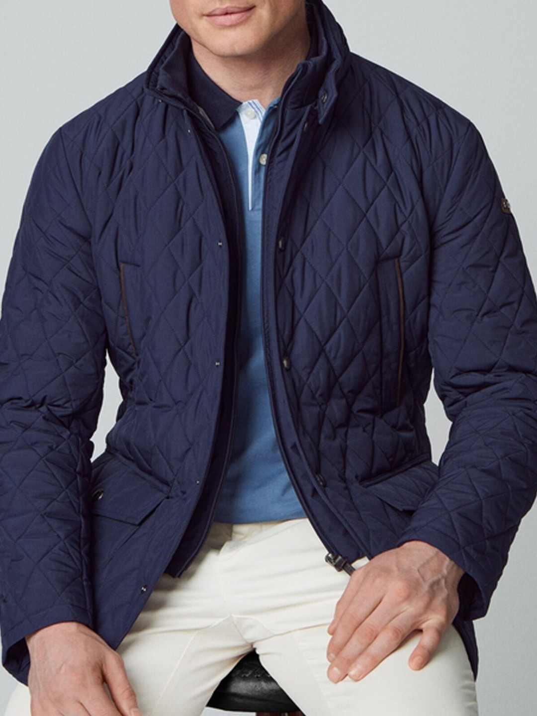 

HACKETT LONDON Stand Collar Longline Quilted Jacket, Navy blue