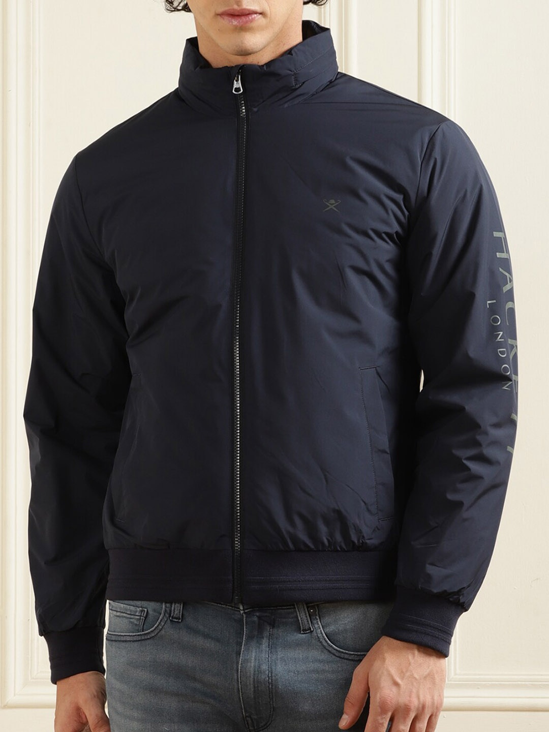 

HACKETT LONDON Typography Printed Longline Puffer Jacket, Navy blue
