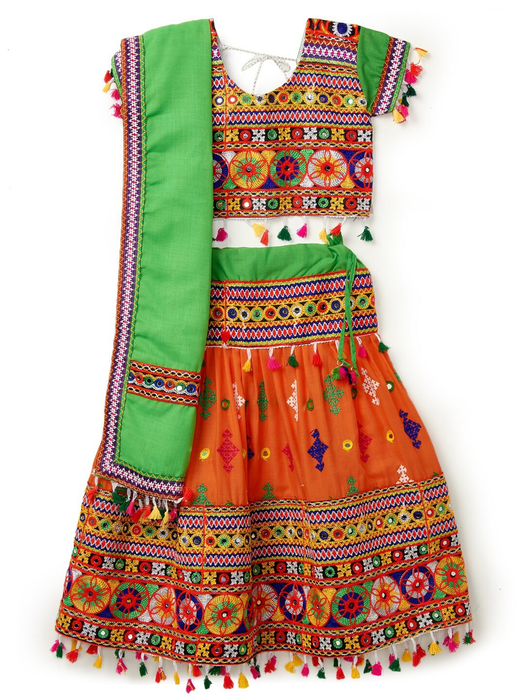 

BANJARA INDIA Girls Embroidered Mirror Work Ready to Wear Lehenga & Blouse With Dupatta, Orange