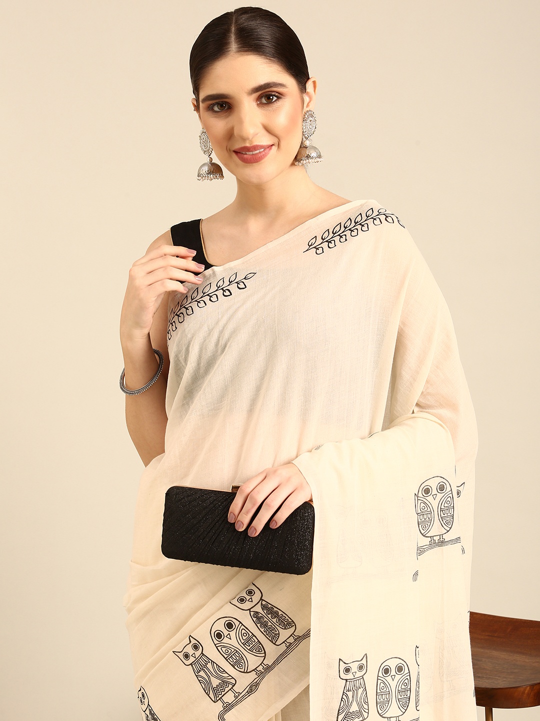 

ArtEastri Ethnic Motifs Printed Pure Cotton Taant Saree, Cream