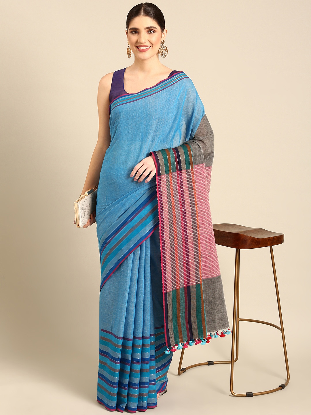 

ArtEastri Striped Sequinned Pure Cotton Taant Saree, Blue