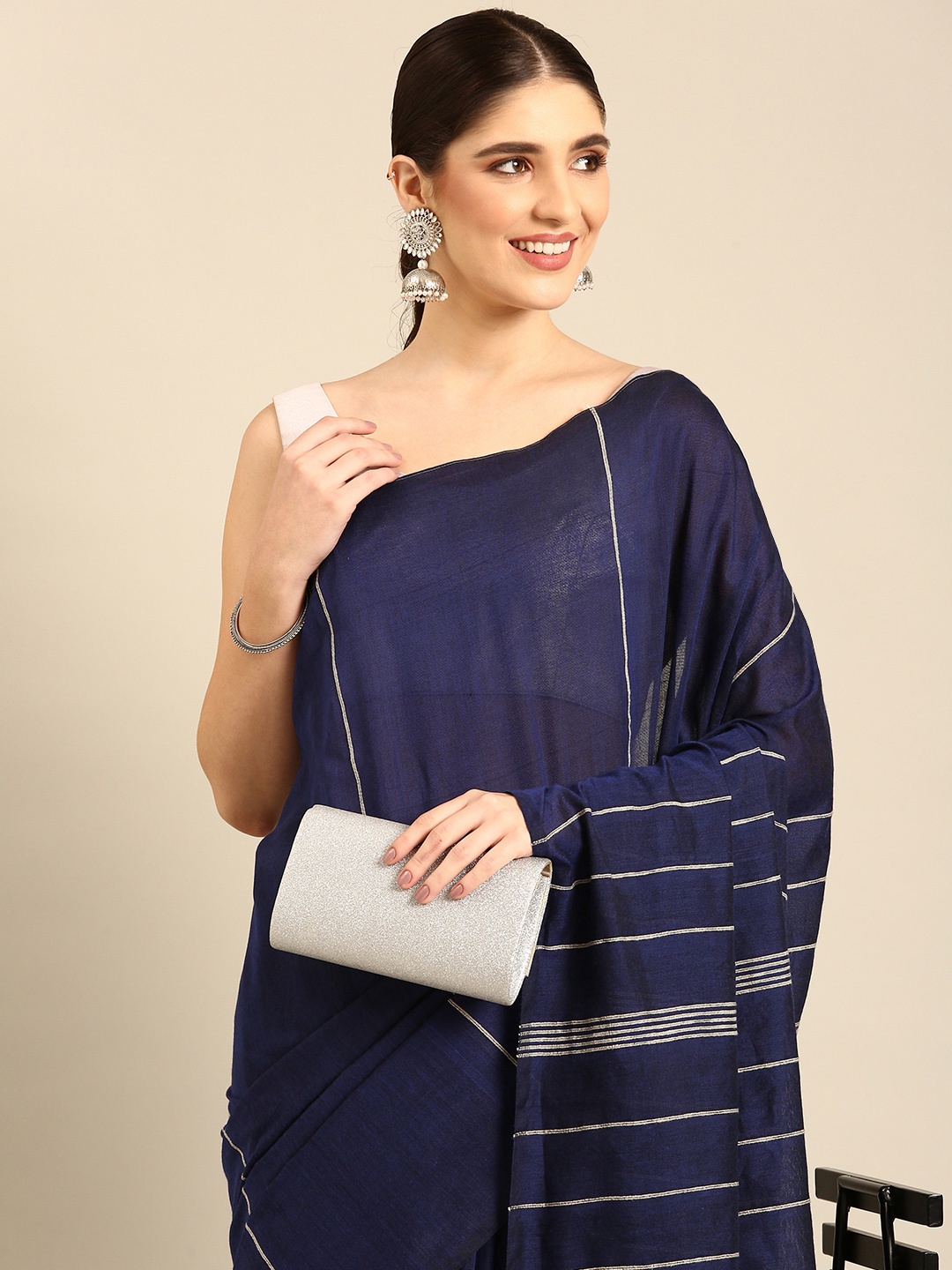 

ArtEastri Striped Pure Cotton Saree, Navy blue