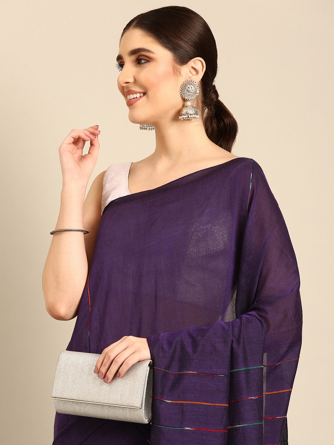 

ArtEastri Striped Embroidered Pure Cotton Saree, Purple