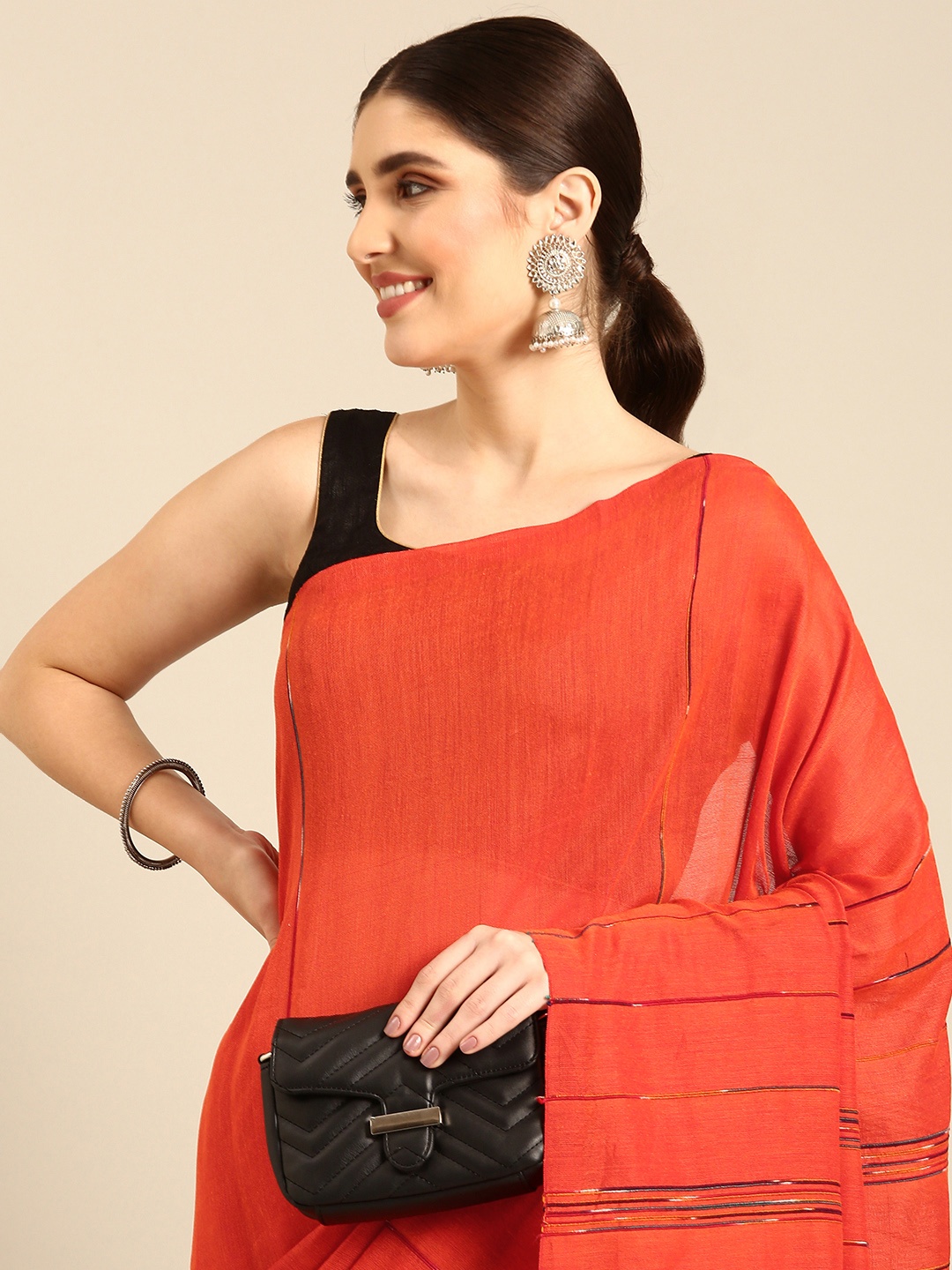 

ArtEastri Striped Embroidered Pure Cotton Saree, Orange