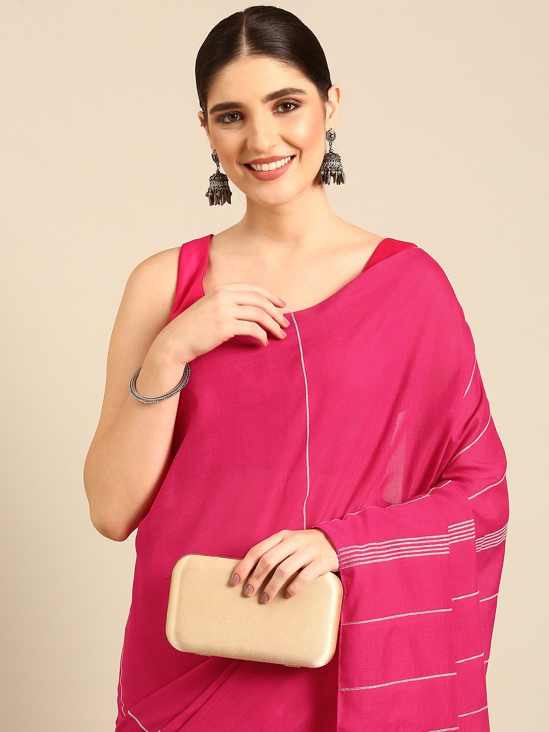 

ArtEastri Striped Pure Cotton Saree, Magenta