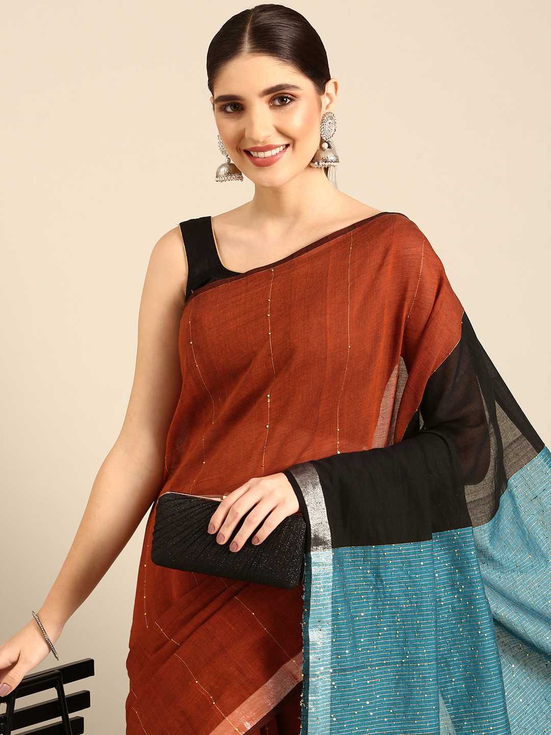 

ArtEastri Striped Sequinned Pure Cotton Taant Saree, Orange